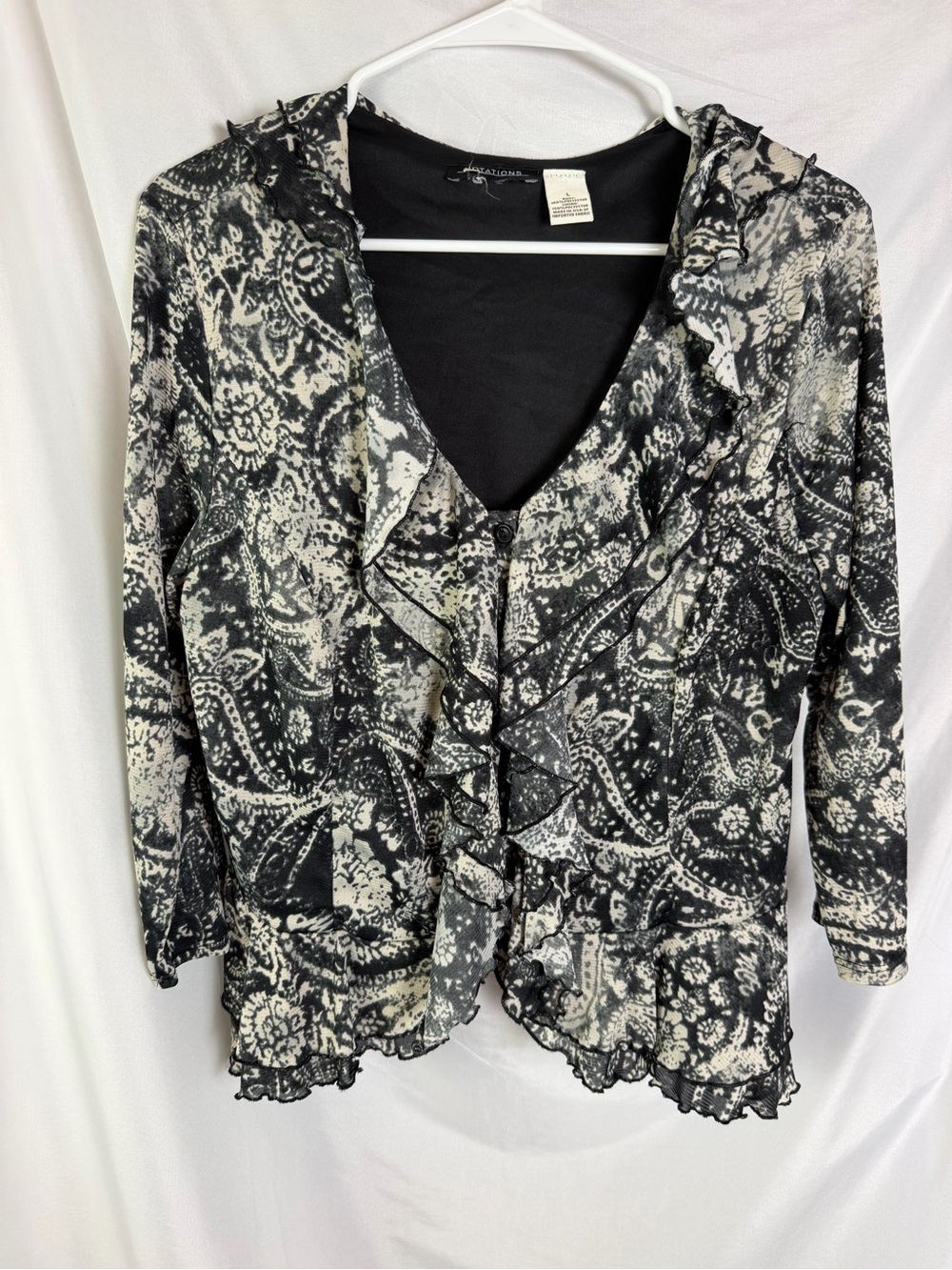 Notations Black Cream Paisley Ruffle Blouse L Sheer Mesh Y2K Romantic Top